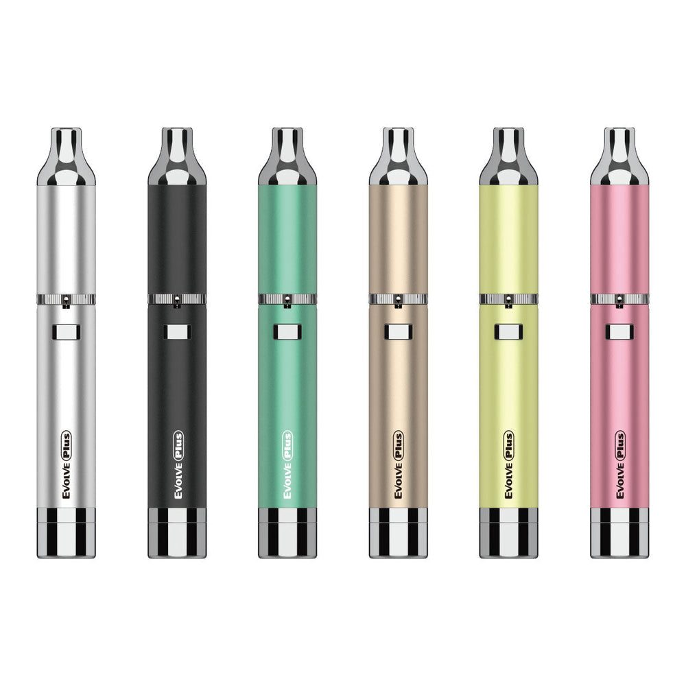 Yocan Evolve Plus vaporizer in multiple colors with quartz dual coil atomizer and built-in silicone jar for concentrates.