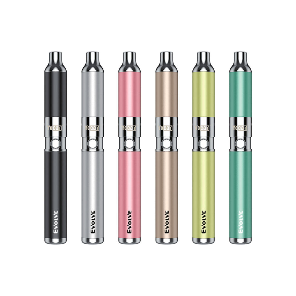 Yocan Evolve concentrate vaporizer in six colors with dual coil, long battery, and compact design