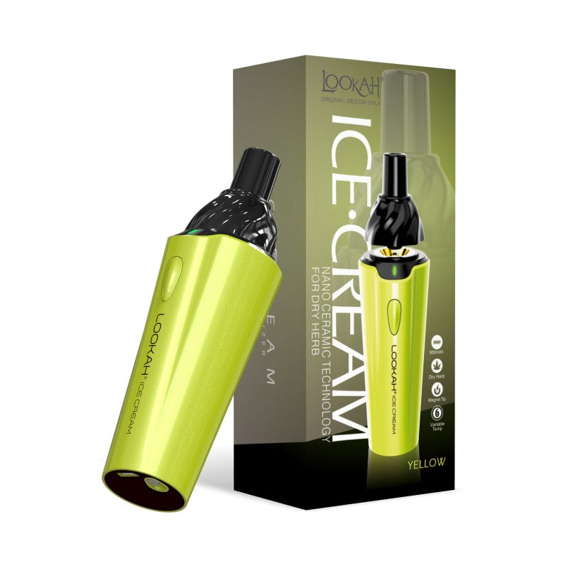 LOOKAH Ice Cream dry herb vaporizer in yellow with nano-ceramic heating technology and portable design.