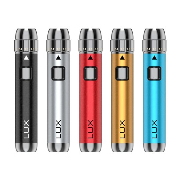 Yocan LUX adjustable voltage vape battery in five colors with 10-second preheat and 15-second safety cutoff