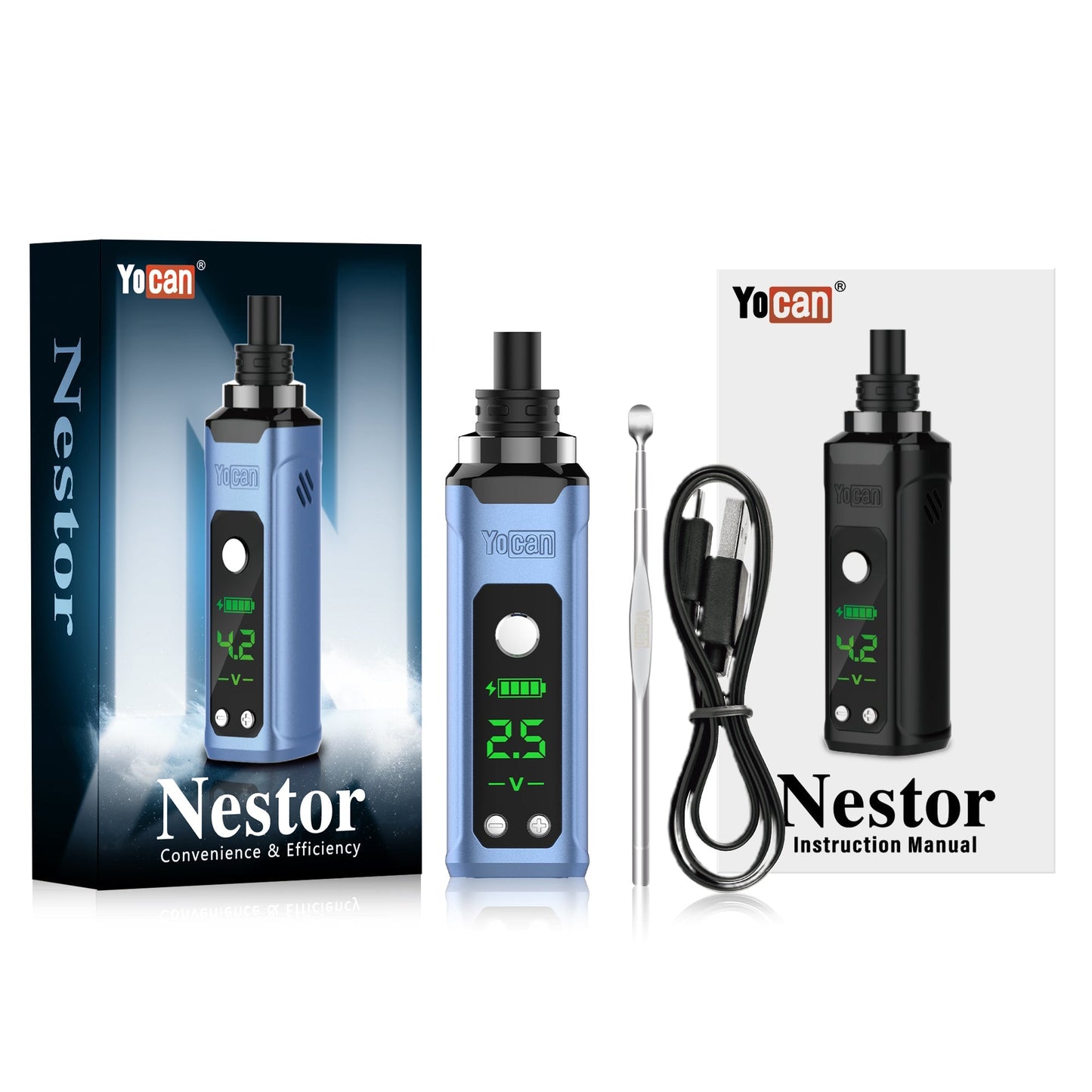 Yocan Nestor portable vaporizer with digital display, 900mAh battery, Type-C charging, and precision temperature control.