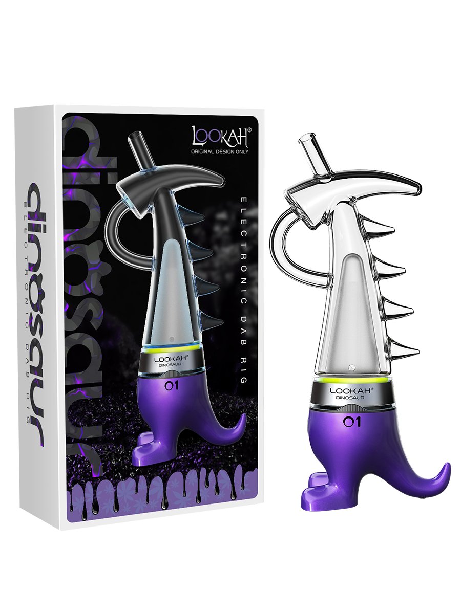 LOOKAH Dinosaur Electric Dab Rig in purple with dinosaur design and packaging box