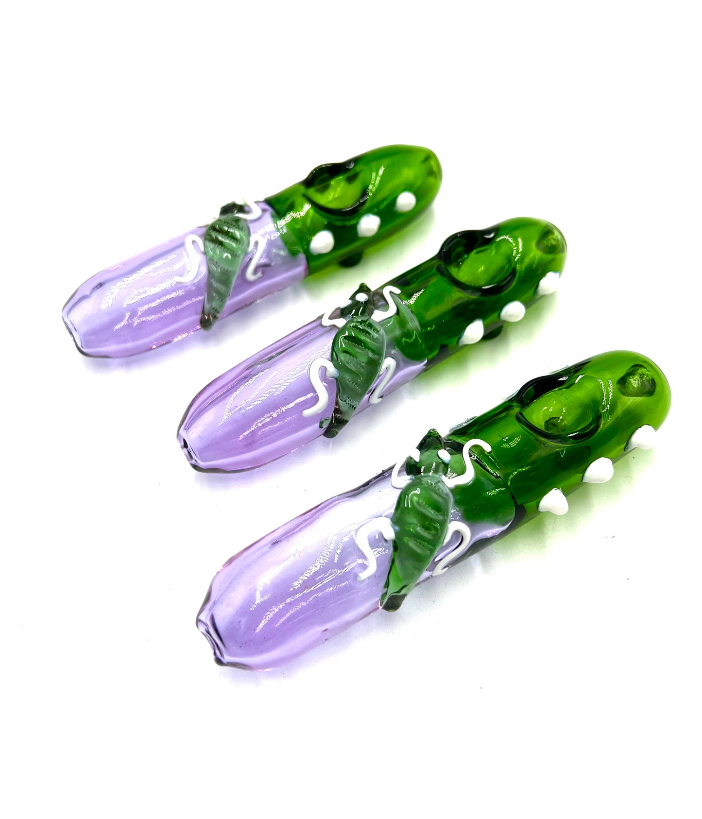 6" White Bead Purple & Green Glass Steamroller