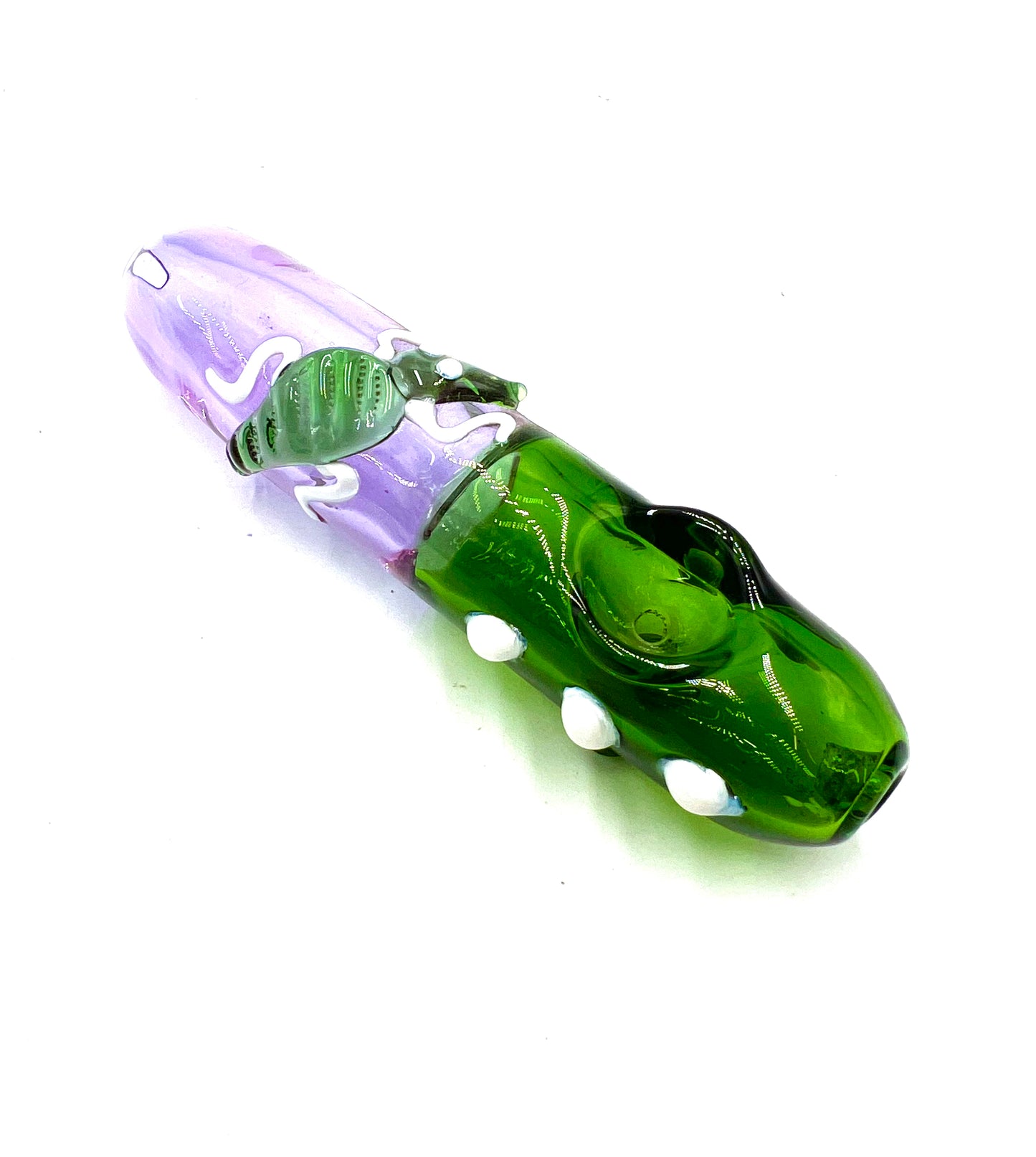 6" White Bead Purple & Green Glass Steamroller