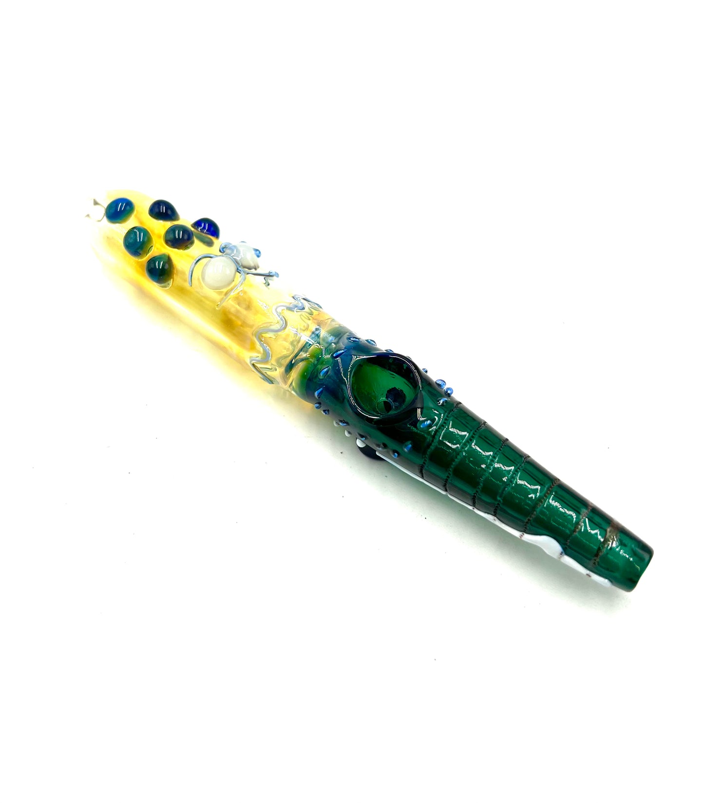 8" Beaded Narrow Mouth Teal Color Gold Fumed Steamroller