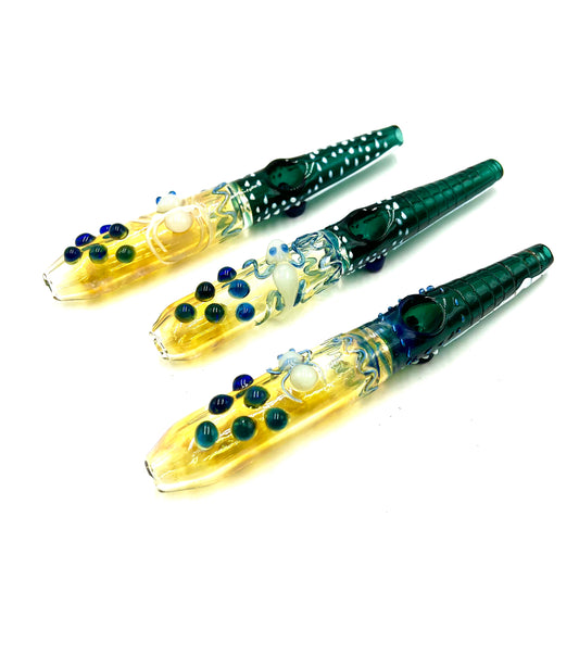 8" Beaded Narrow Mouth Teal Color Gold Fumed Steamroller